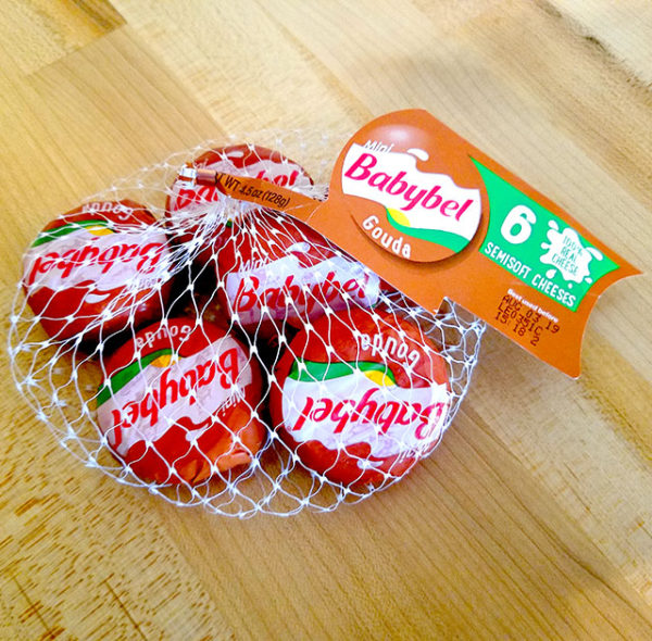 A 6-pack of Babybel Gouda cheese.