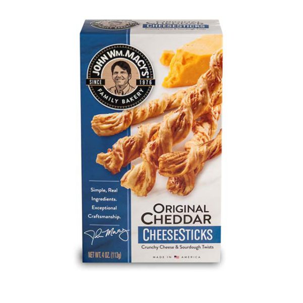 Box of John Wm. Macy’s Original Cheddar CheeseSticks crackers.