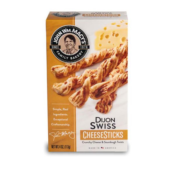 Box of John Wm. Macy’s Dijon Swiss CheeseSticks crackers.