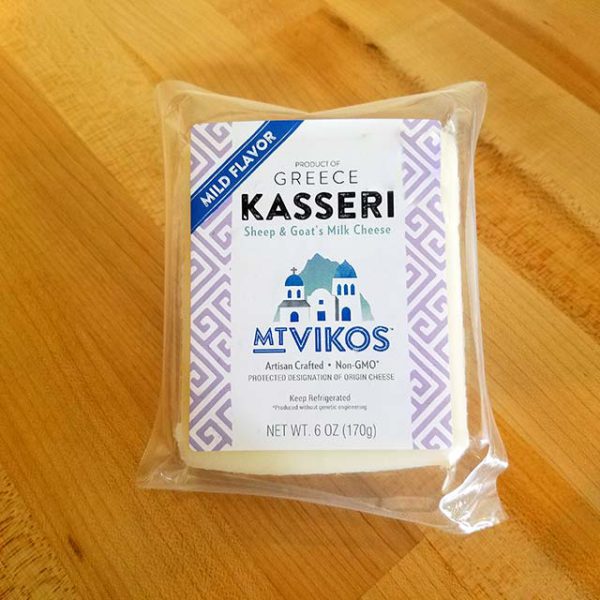 A package of Mt. Vikos Kasseri cheese.