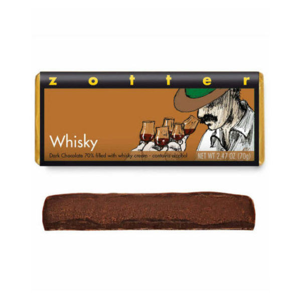 Packaging and cross-section of Zotter Whisky hand-scooped chocolate bar.
