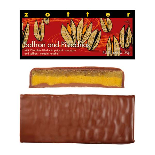 Zotter Saffron and Pistachios chocolate bar
