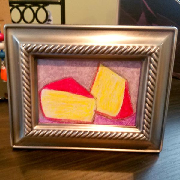 Framed cheese wedge pastel art by Brie-joux Handmade Jewelry.