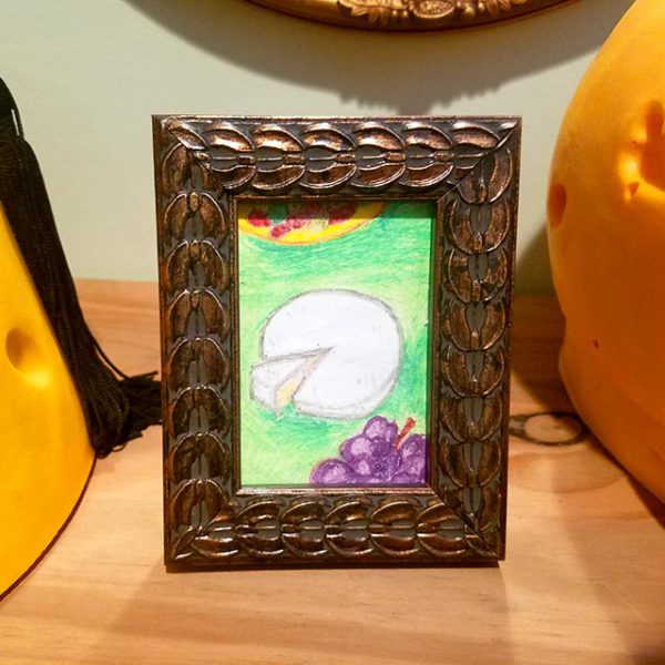 Framed cheese wheel and grape pastel art by Brie-joux Handmade Jewelry.