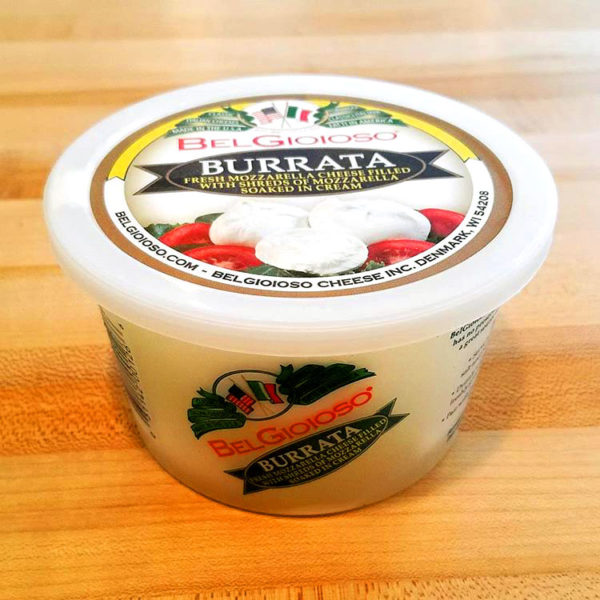 A container of BelGioioso brand Burrata cheese.