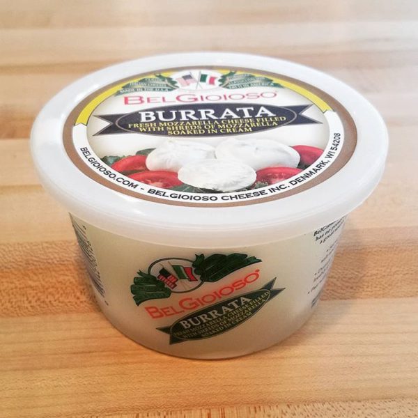 A container of BelGioso brand Burrata cheese.