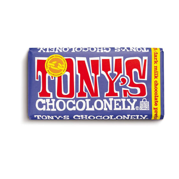 A bar of Tony's Chocolonely Dark Pretzel Toffee chocolate bar.