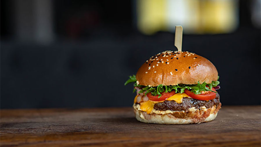 Close-up photo of a burger.