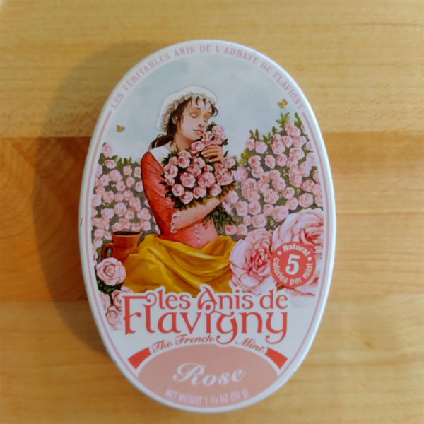 A tin of rose-flavored French mints.