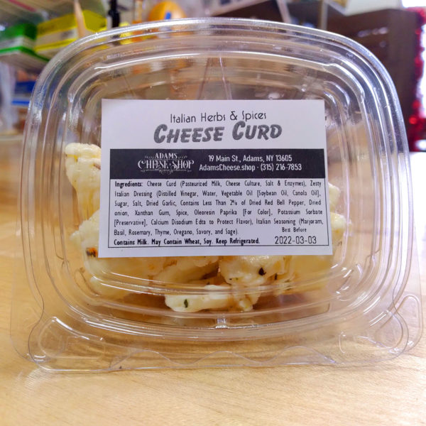 Italian Herbs & Spices cheese curd snack pack, label view.