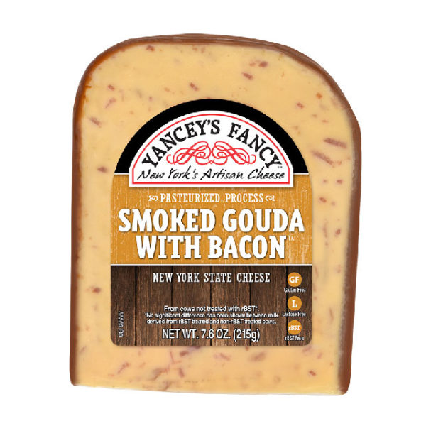 A wedge of Smoked Gouda with Bacon cheese.