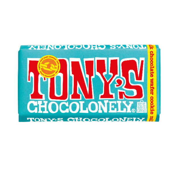 Bar of Tony's Chocolonely Milk 32% Wafer Cookie Chocolate.