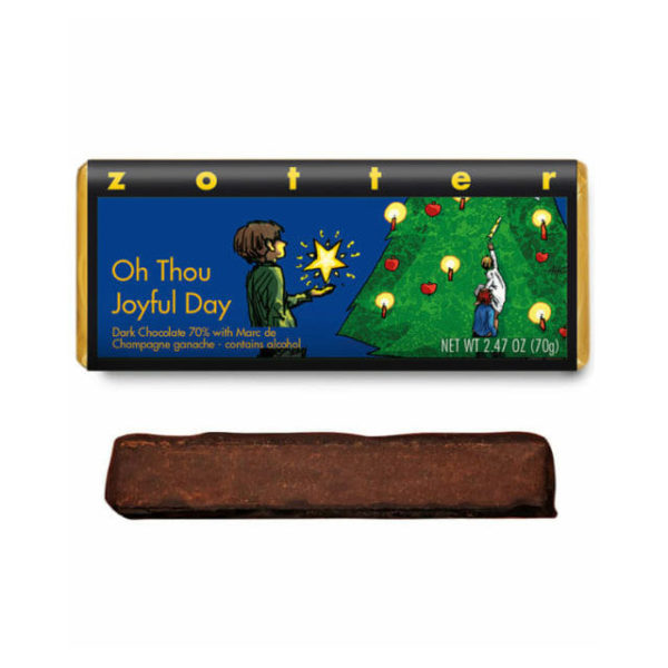 Package and cross-section of Zotter "Oh Thou Joyful Day" Hand-Scooped Chocolate Bar.
