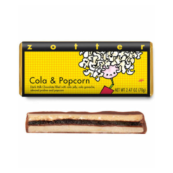 Package and cross-section of Zotter Cola & Popcorn Hand-Scooped Chocolate Bar.