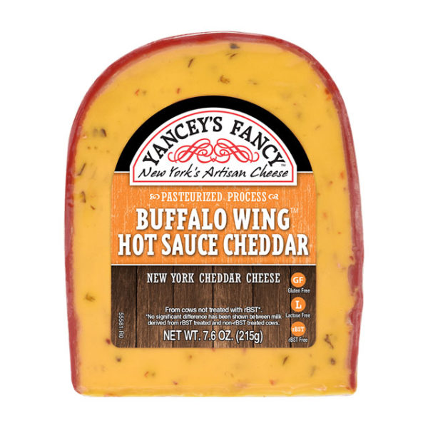 A wedge of Buffalo Wing Hot Sauce Cheddar Cheese.