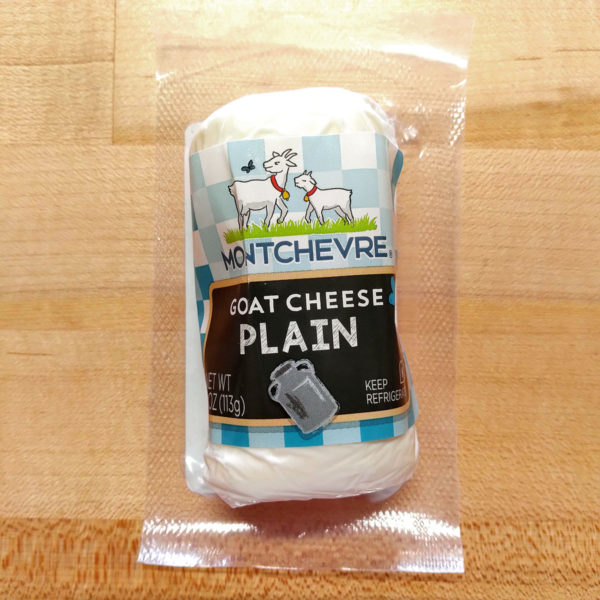 A package of Montchevre plain goat cheese, top-down view.