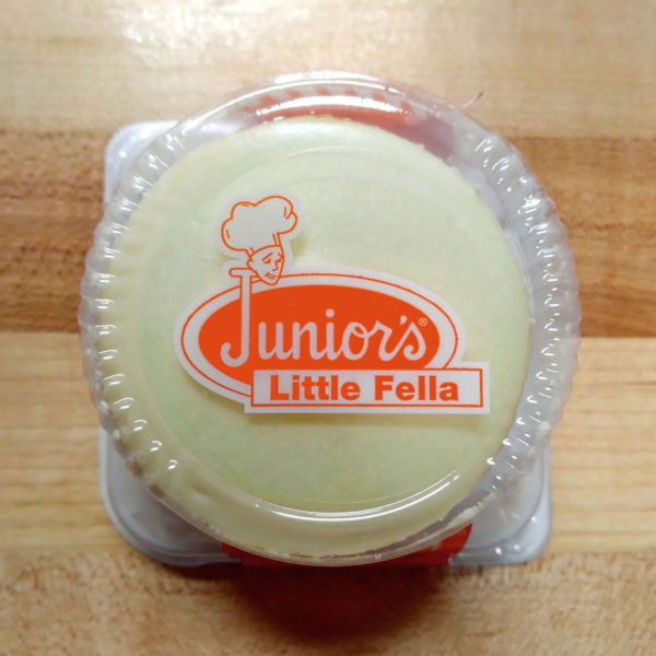 Top-down view of Junior's Little Fella Original cheesecake.