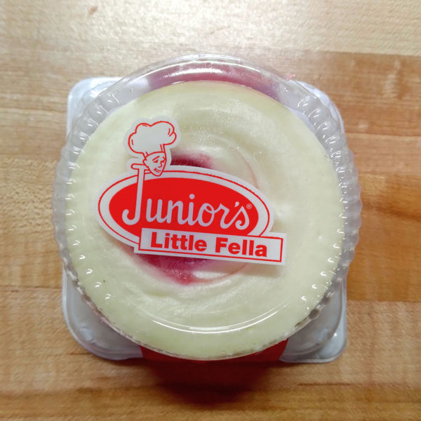 Top-down view of Junior's Little Fella Raspberry cheesecake.