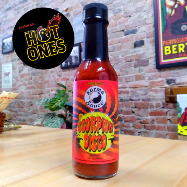 A bottle of Funken Hot Scorpion Disco hot sauce, as seen on Hot Ones!