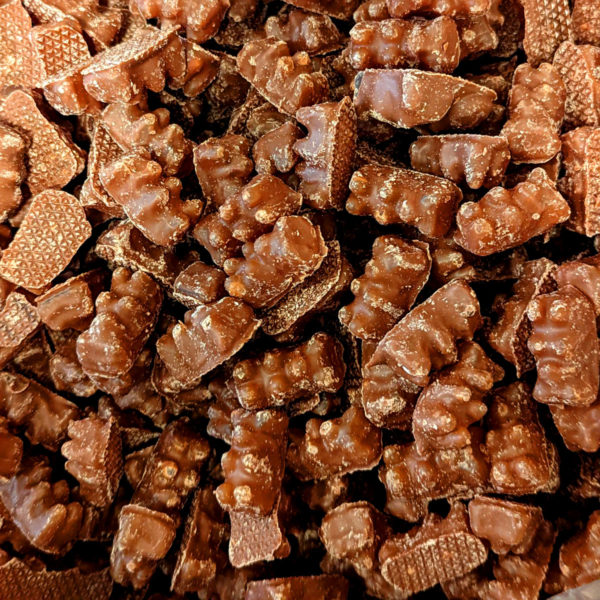 Closeup of Milk Chocolate Gummy Bears.