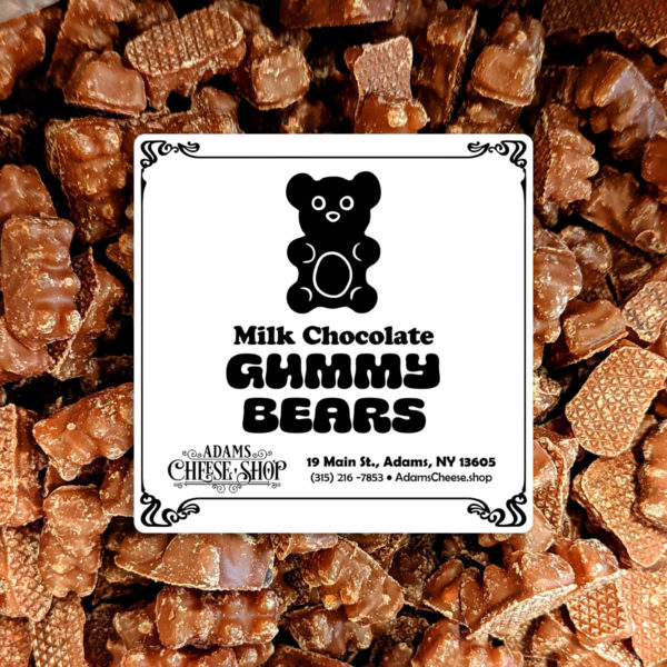 Closeup of Milk Chocolate Gummy Bears, with label.