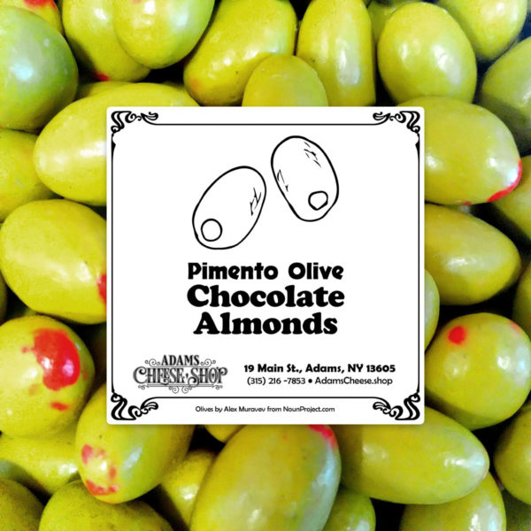 Label for Pimento Olive Chocolate Almonds.