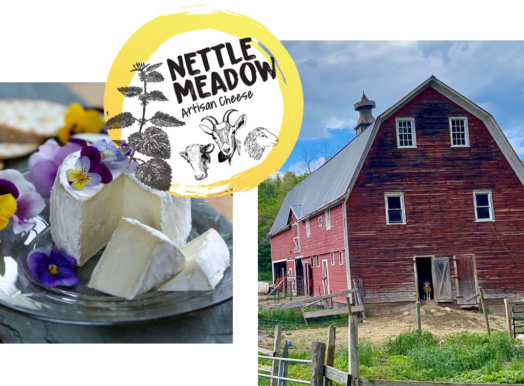 Collage of Nettle Meadow Artisan Cheese imagery.