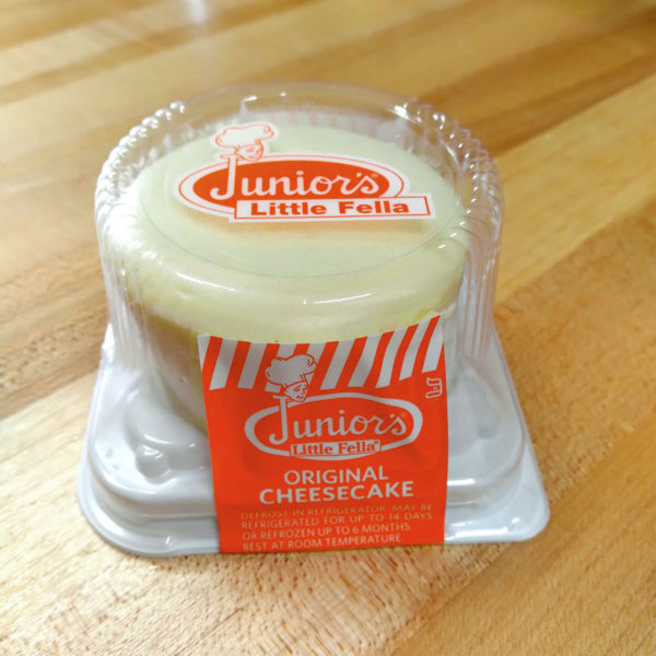 Front view of Junior's Little Fella Original cheesecake.