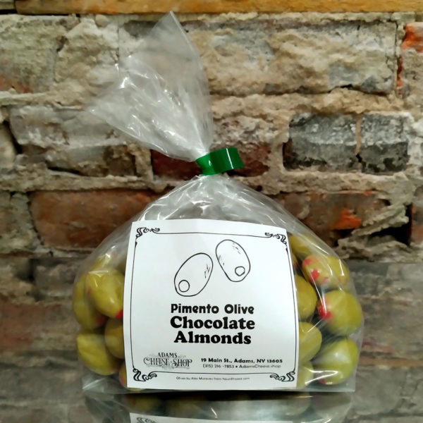 A bag of Pimento Olive Chocolate Almonds.