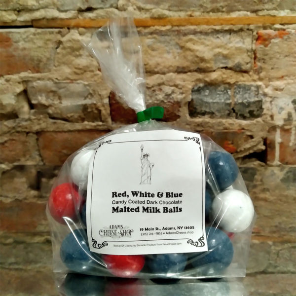 A bag of Red, White & Blue American Candy Coated Dark Chocolate Malted Milk Balls.