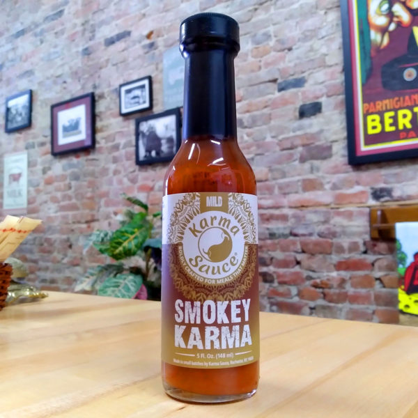 A bottle of Smokey Karma hot sauce.