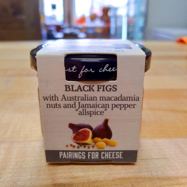 Front view of a jar of Just for Cheese, Black Fig Spread.