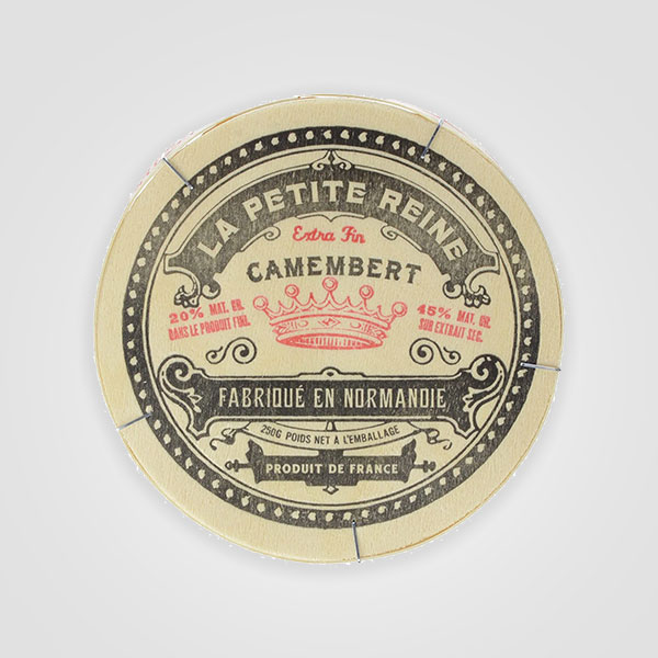 Top of lid from a box of La Petite Reine Camembert cheese.