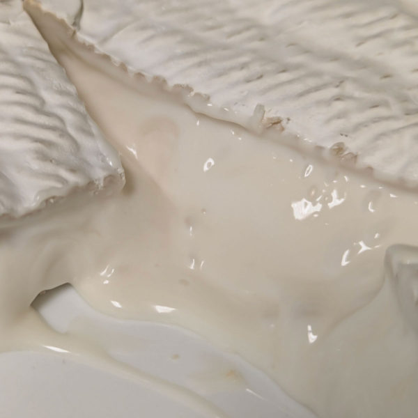 A closeup of New Moon Goat Brie, cut, oozing out of the rind.