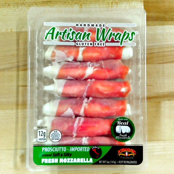 A 5 oz. package of Prosciutto & Fresh Mozzarella Handmade Artisan Wraps.