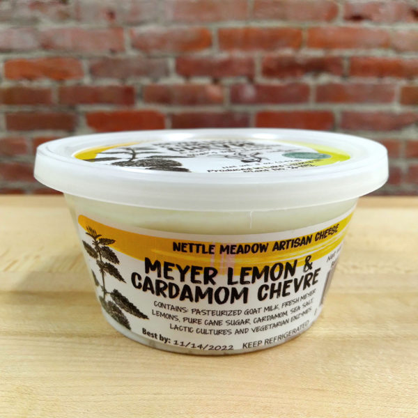 A tub of Meyer Lemon & Cardamom Chèvre.