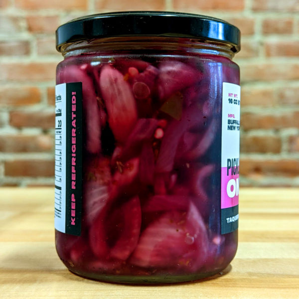 Rear view of Pickled Red Onions jar, showing contents.