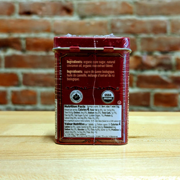 The back of a tin of Hot Cinnamon Clawhammer Organic Mints.