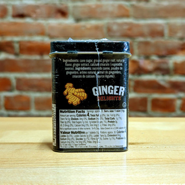 The back of a tin of Mango Ginger Delights candy.