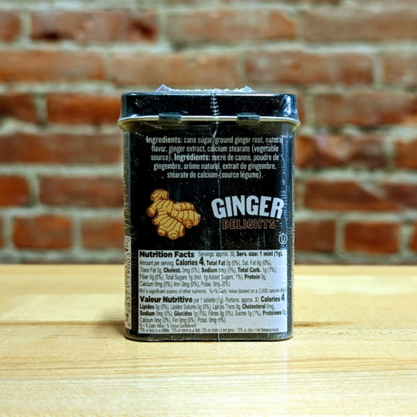 The back of a tin of Orange Ginger Delights candy.