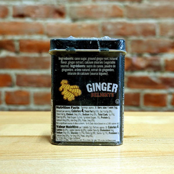 The back of a tin of Pear Ginger Delights candy.