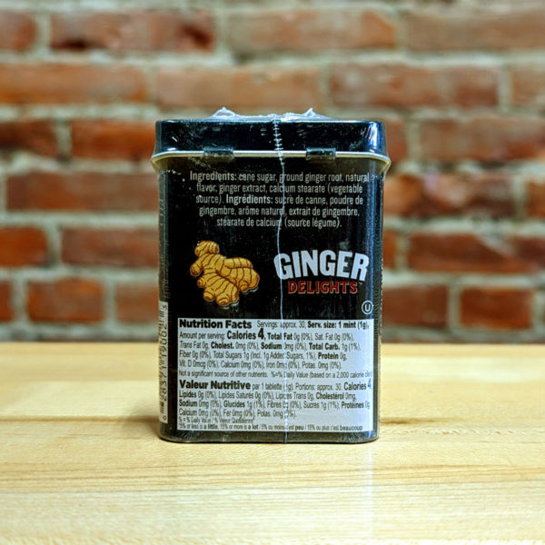 The back of a tin of Spicy Chai Ginger Delights candy.