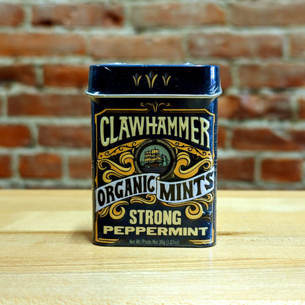 The front of a tin of Strong Peppermint Clawhammer Organic Mints.