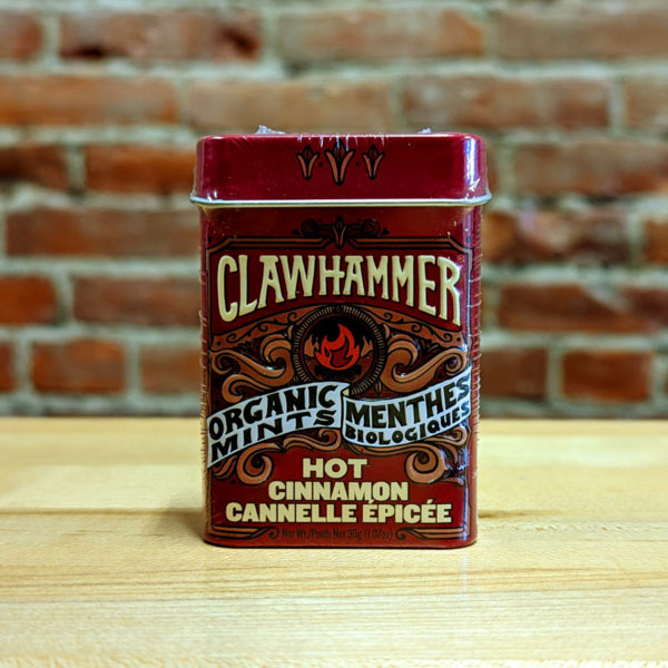 The front of a tin of Hot Cinnamon Clawhammer Organic Mints.