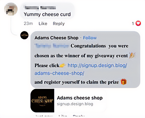 Scam text: Congratulations you were chosen as the winner of my giveaway event - Please click [link] and register yourself to claim the prize.