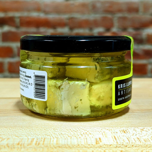 Side view of a jar of Lemon Myrtle Buffalo Milk Persian Feta.