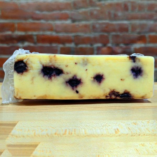 Reverse view of Blueberry Jack cheese.