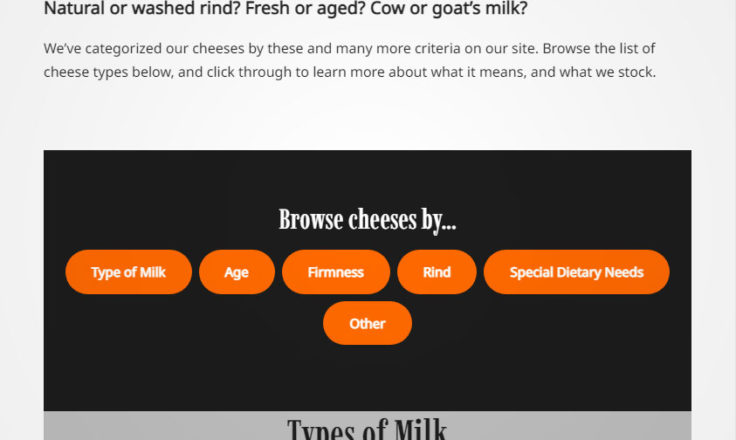 A screen shot of the Adams Cheese Shop's "Cheese Explorer" page.