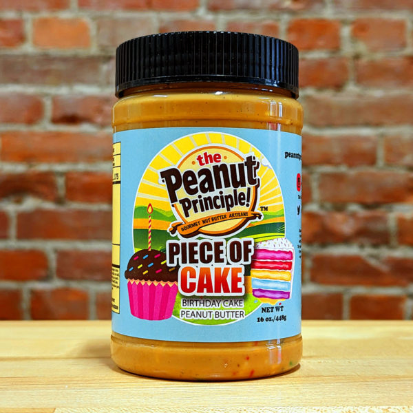 A jar of "Piece of Cake" peanut butter.