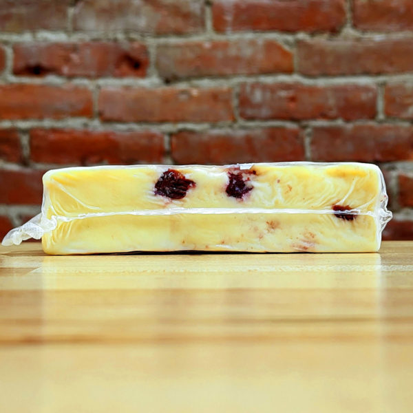 Reverse view of Cranberry Jack cheese.